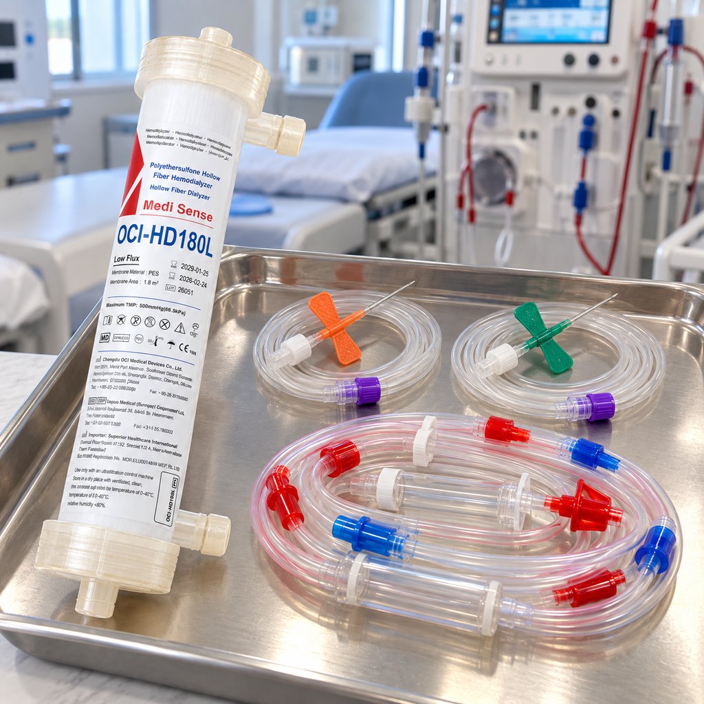 Medi Sense dialysis kit: dialyzer, fistula needles, and blood tubing.