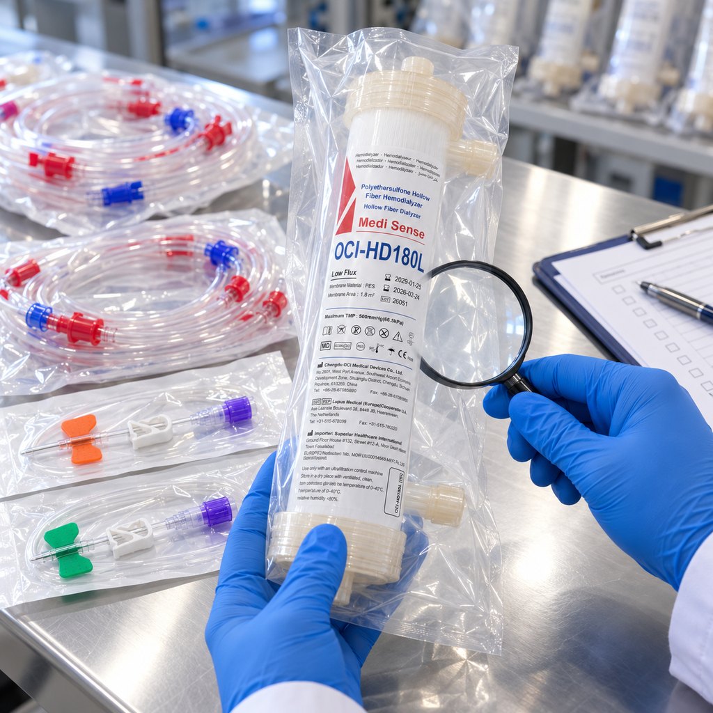 Medi Sense dialysis kit: dialyzer, fistula needles, and blood tubing.