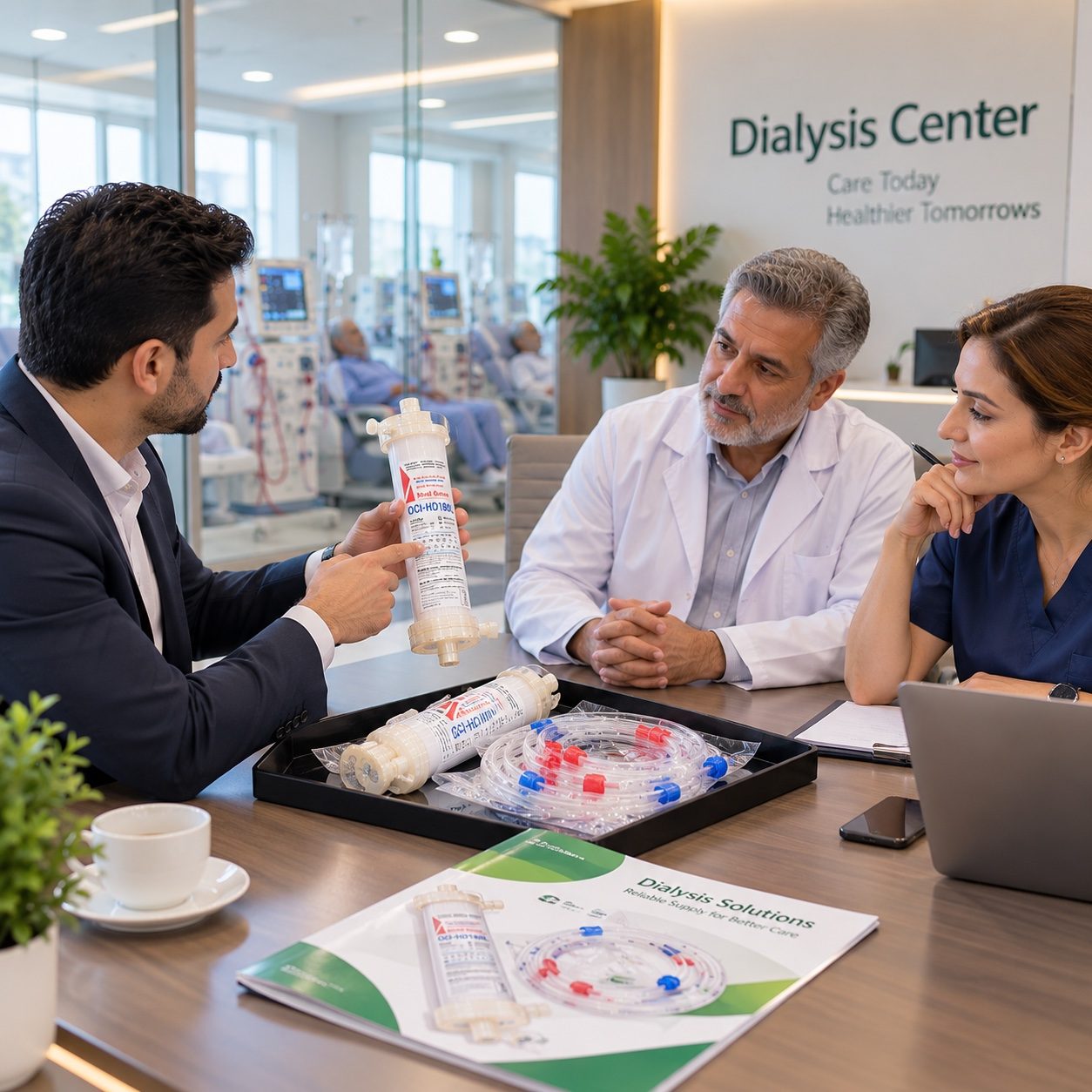 Dialysis center product consultation with dialyzer and blood tubing.