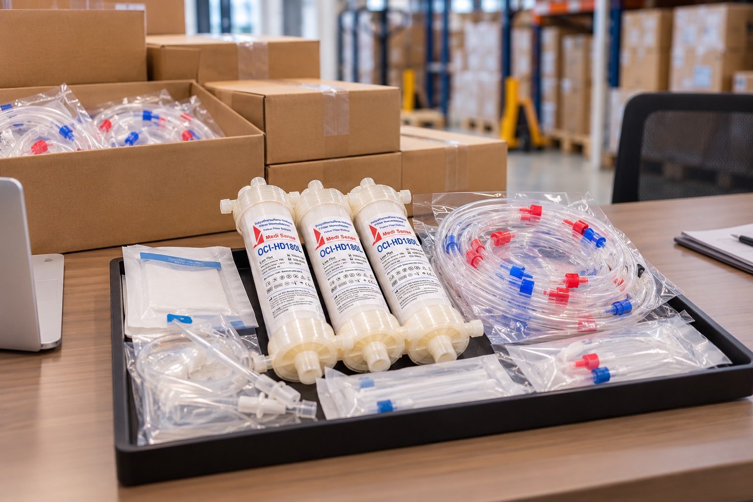 Dialysis supplies ready for distributor warehouse shipping.