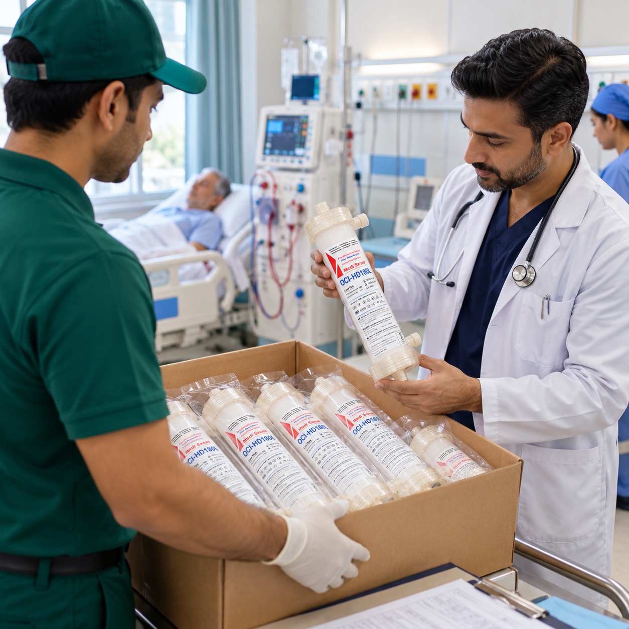 Hospital receiving Medi-Sense OCI-HD180L dialyzers for clinical use.